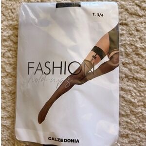 Calzedonia Black Fishnet Fashion Hold-Up Stockings Stay-Up Bow Detail Size 3/4 L